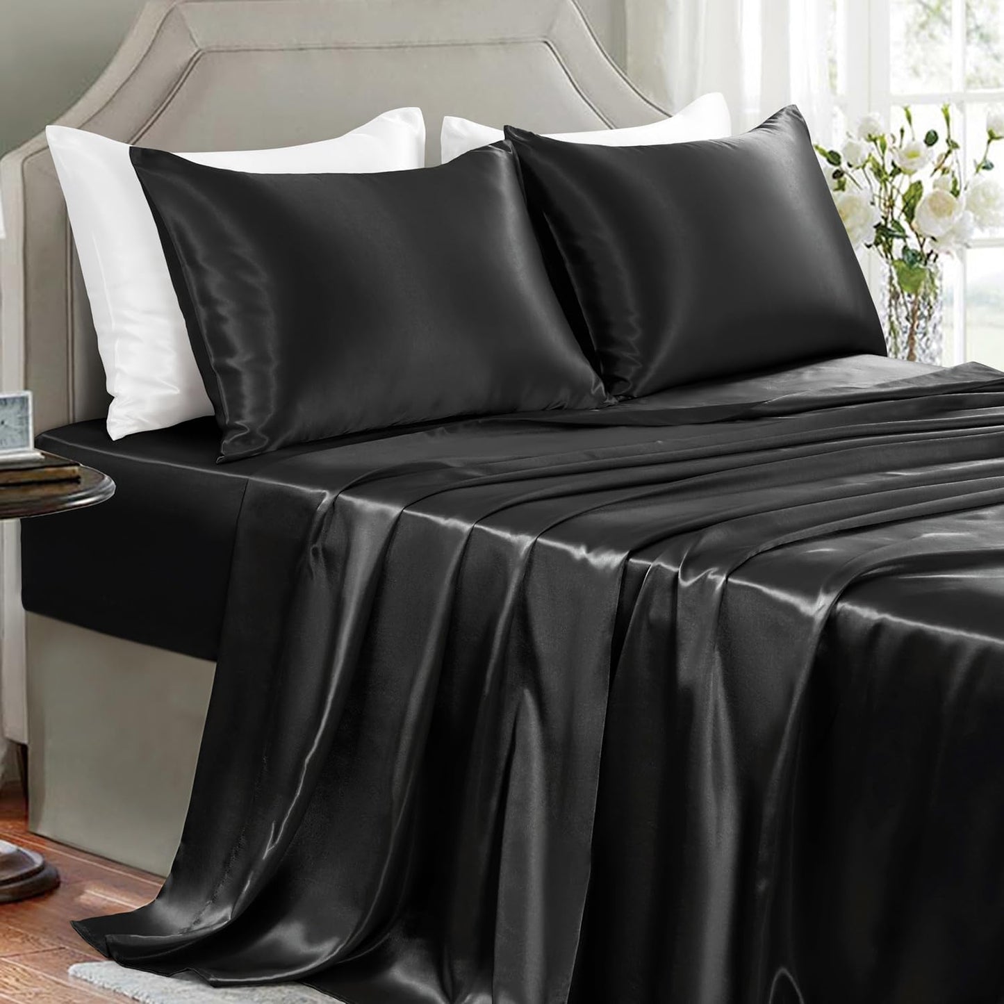 Satin Sheets Full Size - 4 count Luxury Silky Soft Bed Sheets, Wrinkle-Free Black Satin Silk Sheet Set