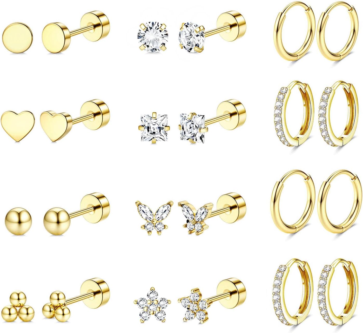 Jstyle Surgical Steel Earrings for Sensitive Ears 14K Gold Flat Back Earrings for Women Men Small Stainless Steel Earrings