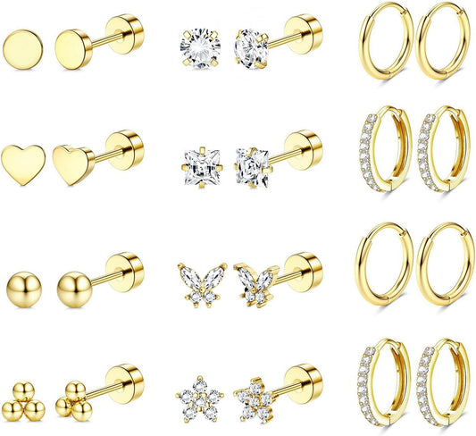 Jstyle Surgical Steel Earrings for Sensitive Ears 14K Gold Flat Back Earrings for Women Men Small Stainless Steel Earrings