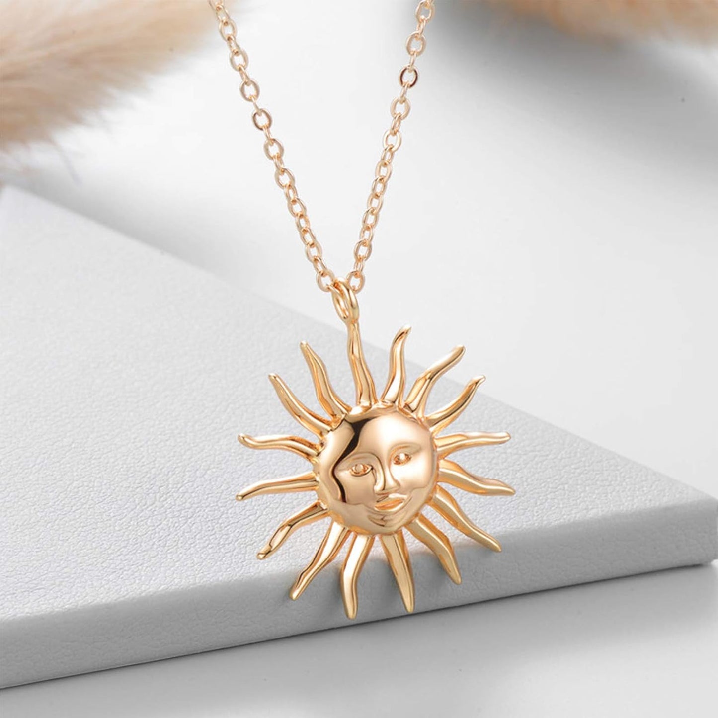 Gold Moon Pendant Necklace for Women,14K Gold Plated Dainty Chain Crescent Moon Sun Star Necklace Jewelry