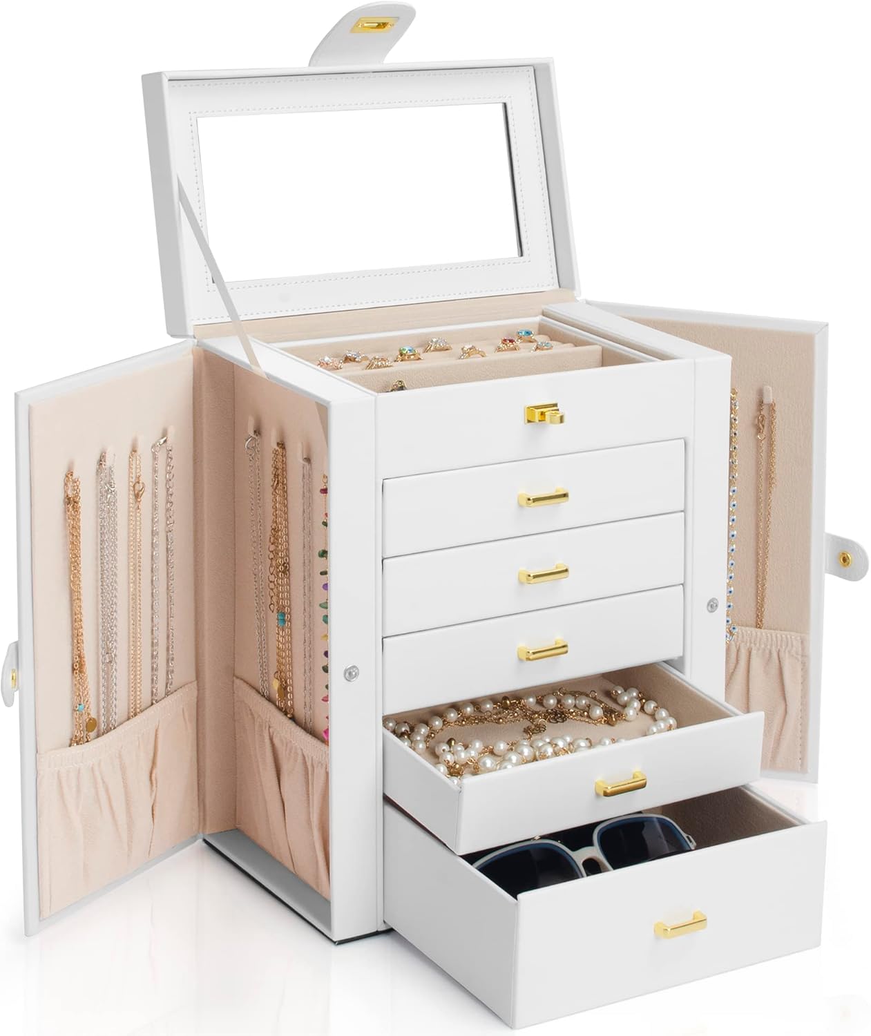 6-Tier Jewelry Box Organizer with 5 Drawers Leather Jewelry Storage Case for Women Girls Holder Organizer with Mirror