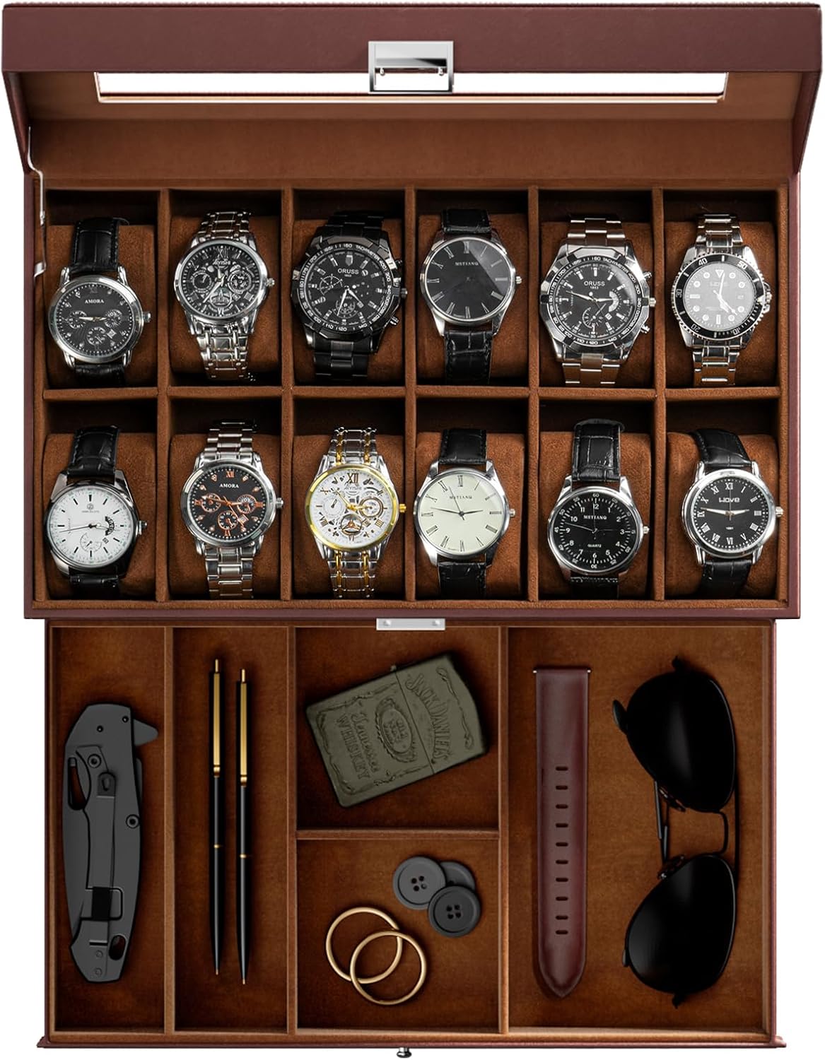 12 Slot Men Watch Case With Drawer, Watch Display Case With Glass Lid, 2-Layer Watch Holder Organizer