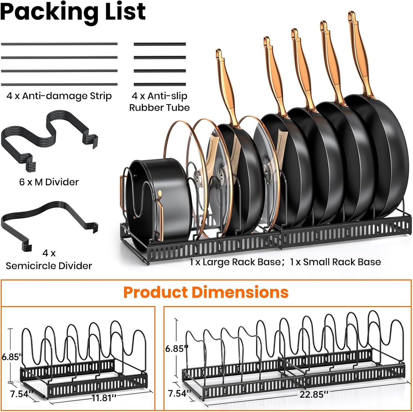 Pots and Pans Organizer Rack for under Cabinet,  Cabinet Organizer Holder with 10 Adjustable