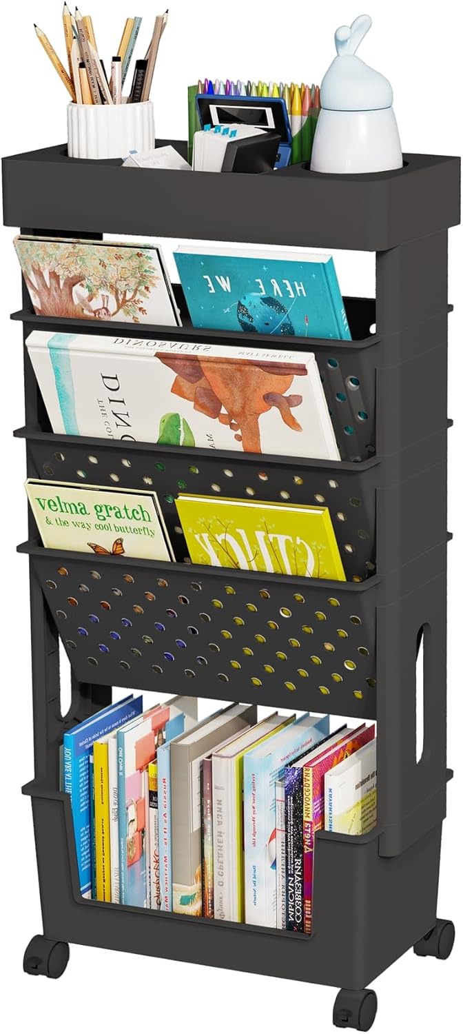 5-Tier Mobile Bookshelf, Rolling Bookcase Book Storage Rack, Movable File Folder Organizer Cart