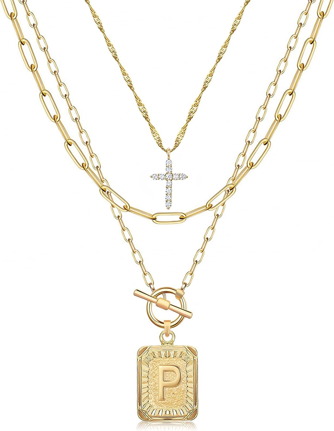 Layered Initial Necklace: 14K Gold Plated with Cross & Letter Pendant, Paperclip Chain, Trendy Jewelry for Women