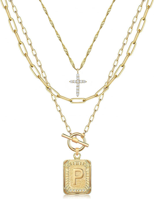 Layered Initial Necklace: 14K Gold Plated with Cross & Letter Pendant, Paperclip Chain, Trendy Jewelry for Women