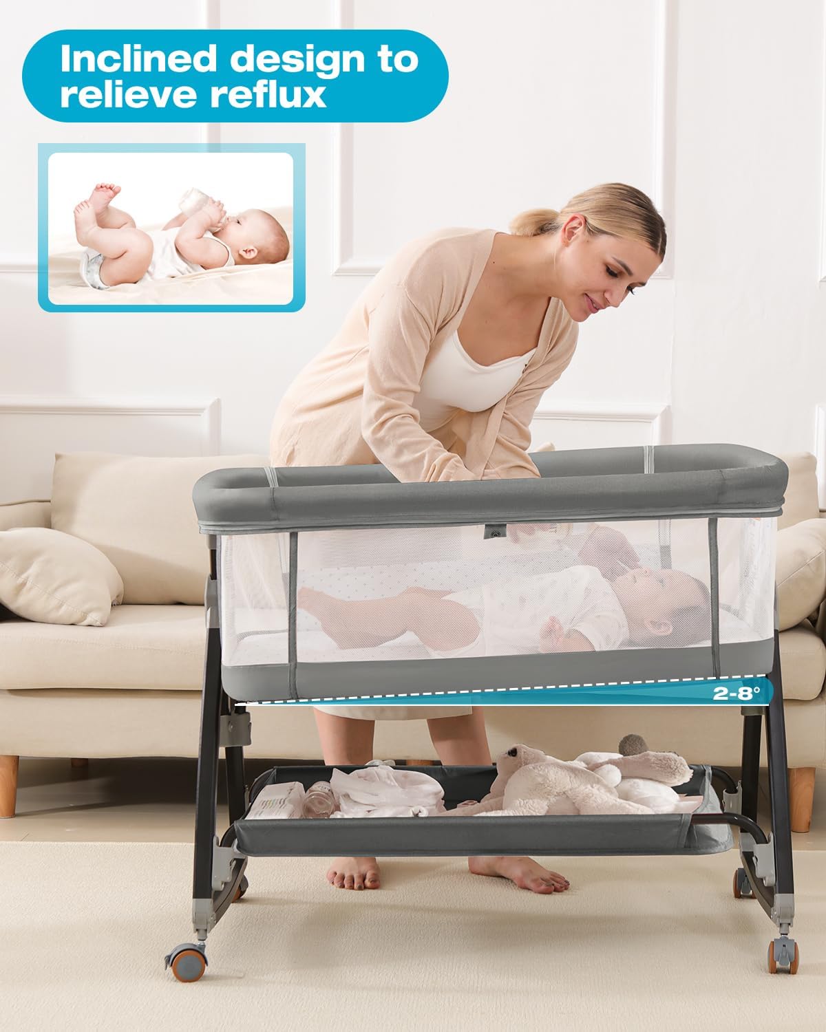 Bassinet Bedside Sleeper with Wheels, Breathable Mesh Bedside Bassinet for Baby, Mosquito Net, Storage Basket