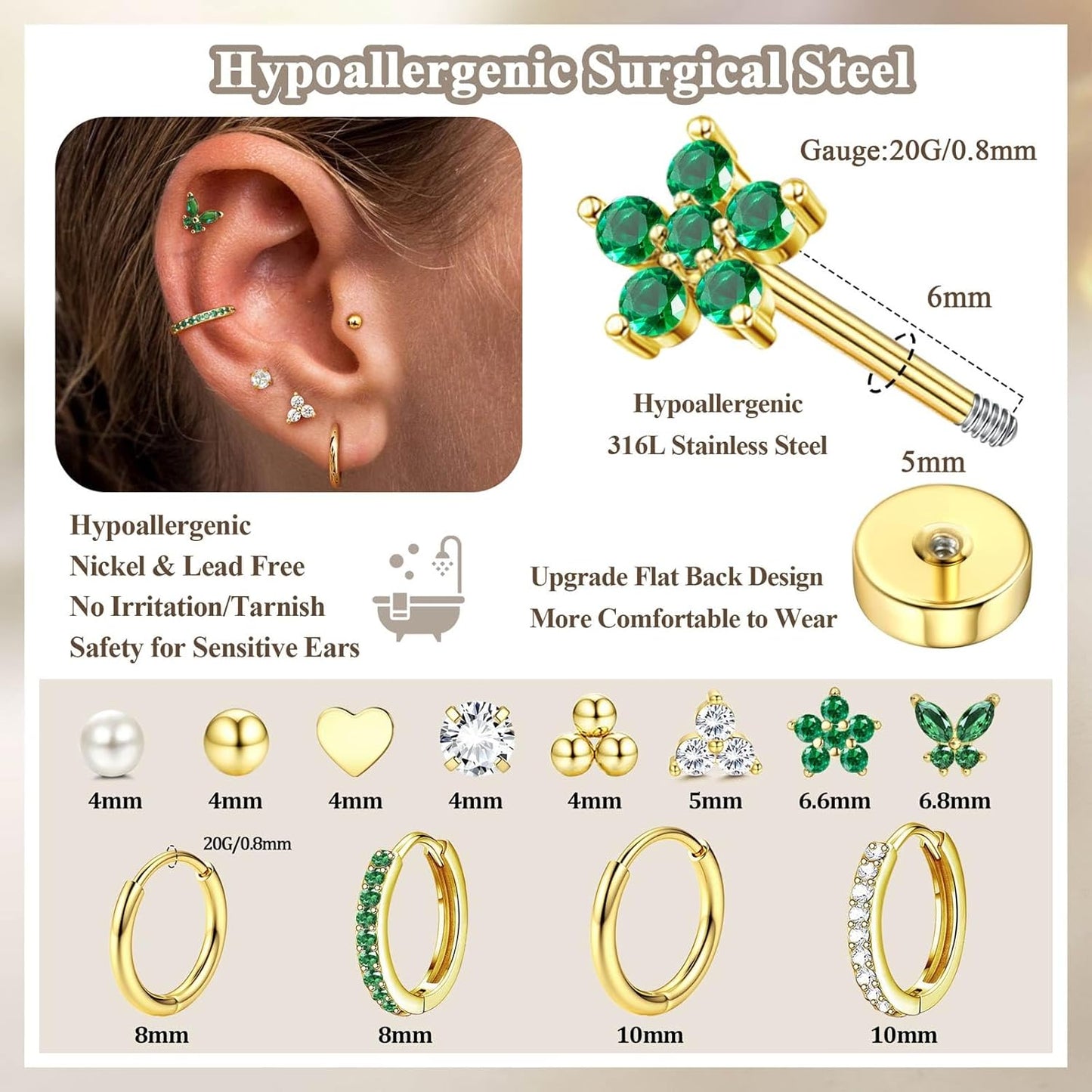 Jstyle Hypoallergenic Gold Stud Hoop Earrings for Women Men Surgical Stainless Steel Flat Back Earrings Small 14K Gold Huggie Hoops