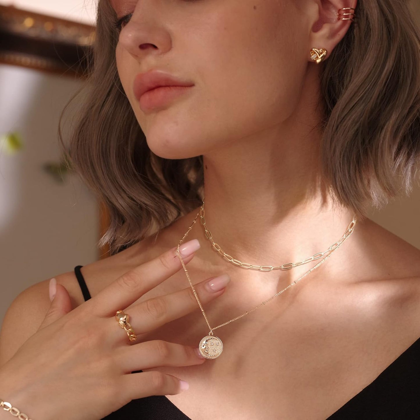 Layered Heart Necklace, Handmade 18K Gold Plated Dainty Choker With Arrow Bar Pendant for Women