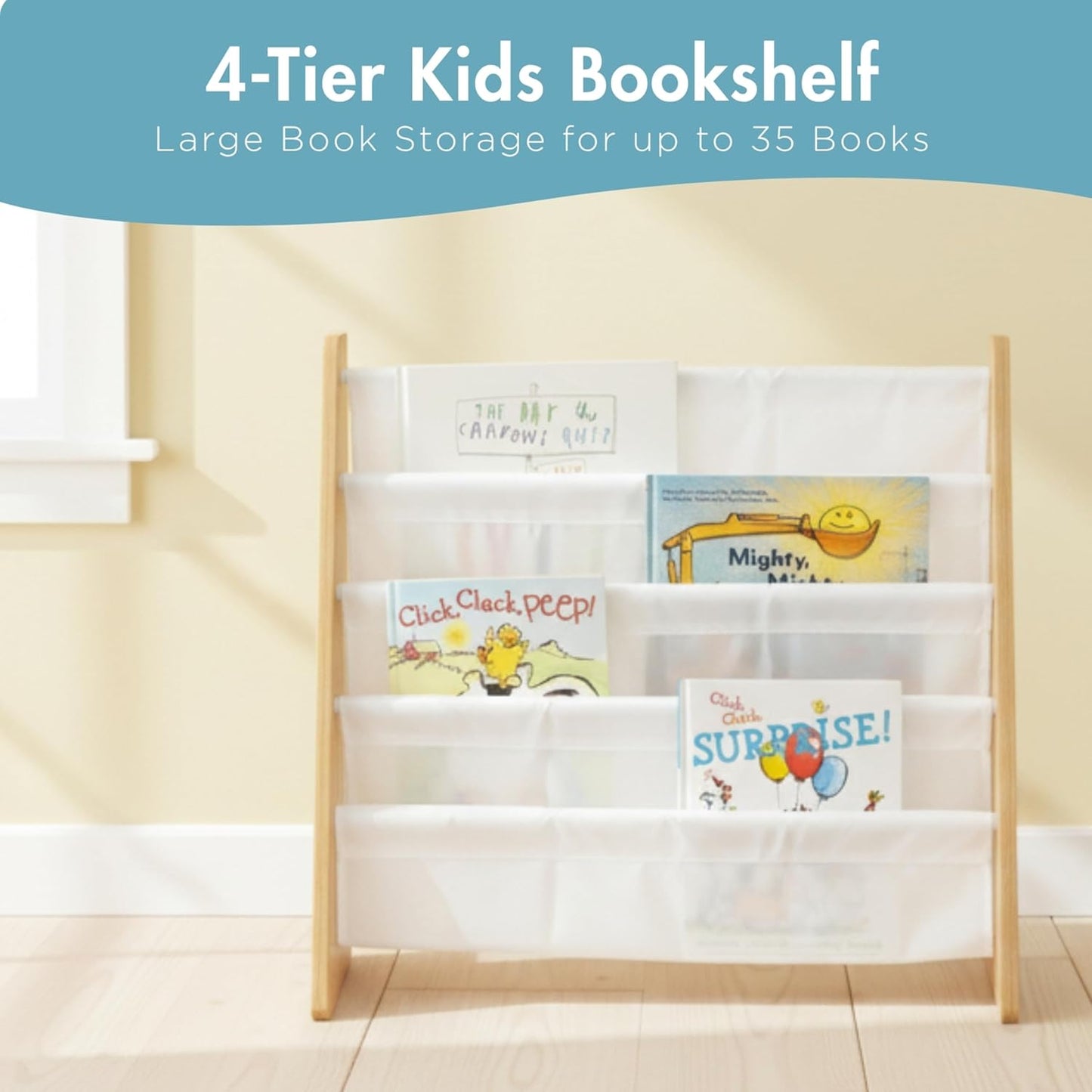 4-Tier  Bookshelf,  Wood/White - Premium Book Shelf   Rooms with Four Deep Pockets