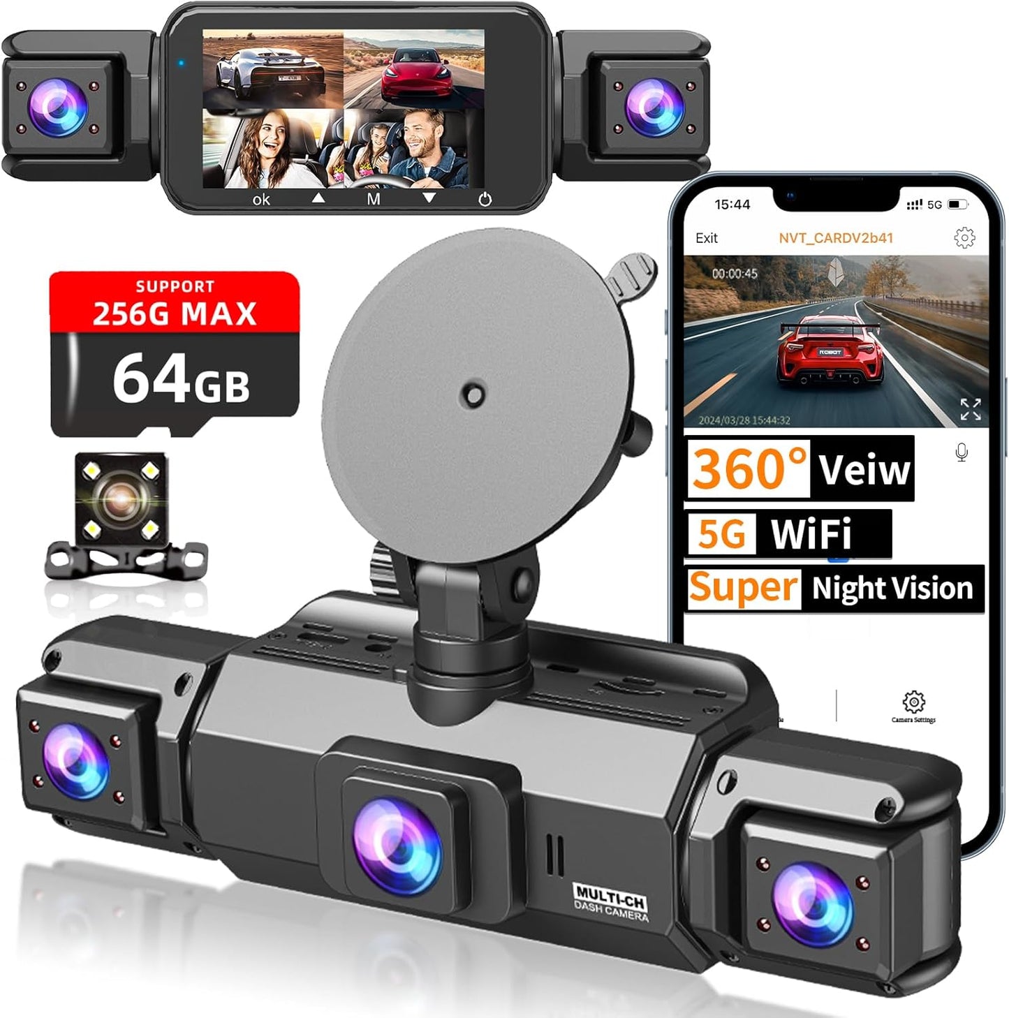 OMOMMD 4 Channel Dash Cam Front and Rear Cabin, Night Vision 8 IR Lamps Dash Camera for Cars, 5G WiFi for Download, G-Sensor, 24H/7 Parking Mode with 64GB Card,Support 256 GB Max (4 Channel-1)