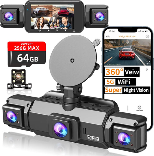 OMOMMD 4 Channel Dash Cam Front and Rear Cabin, Night Vision 8 IR Lamps Dash Camera for Cars, 5G WiFi for Download, G-Sensor, 24H/7 Parking Mode with 64GB Card,Support 256 GB Max (4 Channel-1)