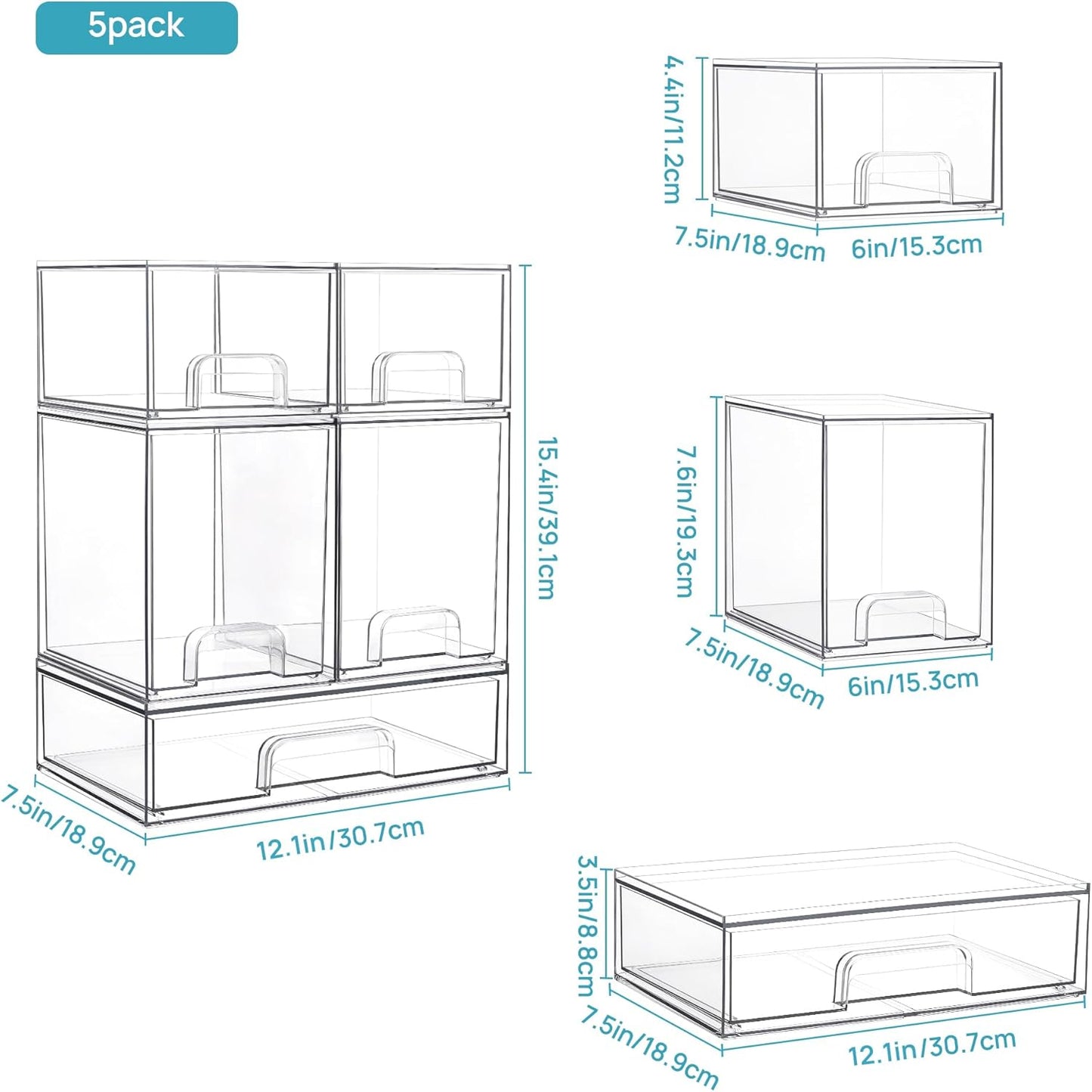 Stackable Storage Drawers Set of 5, Clear Plastic Organizer Bins for  Bottle, Supplies Storage