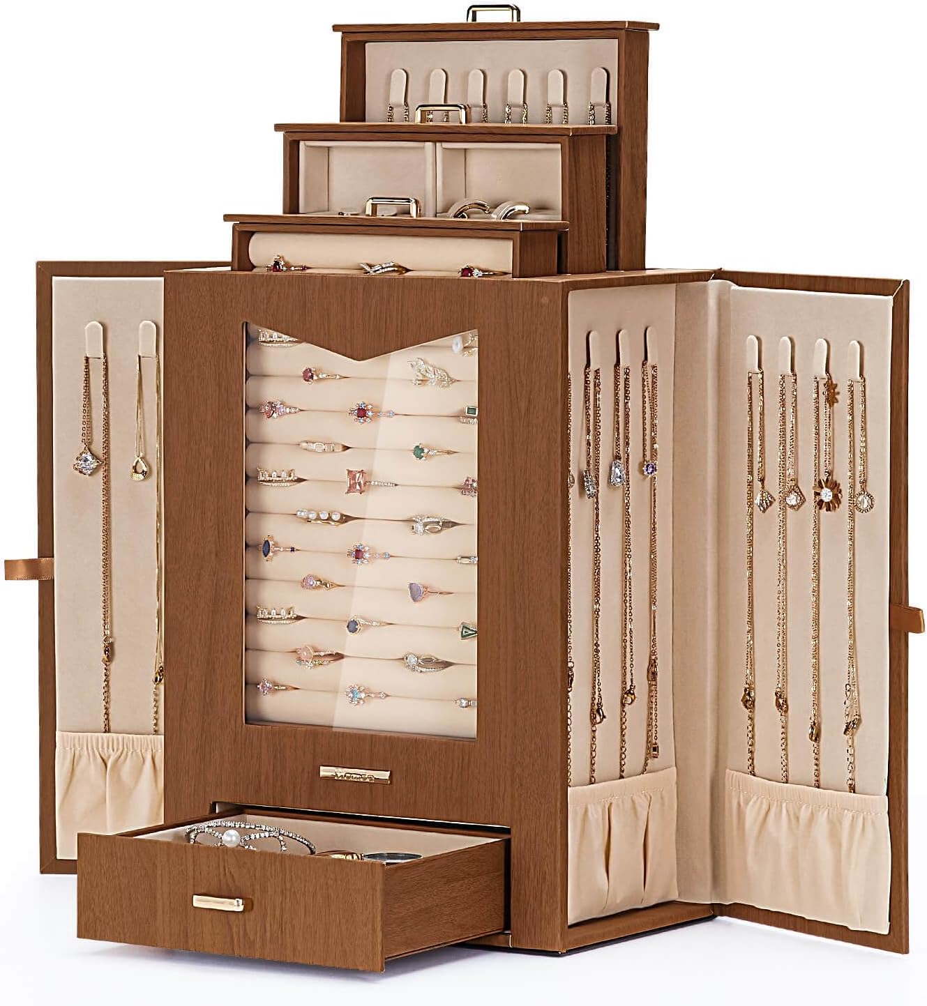 Jewelry Organizer with Transparent Window Necklace Hooks Jewelry Box for Necklaces Rings Earrings Bracelets