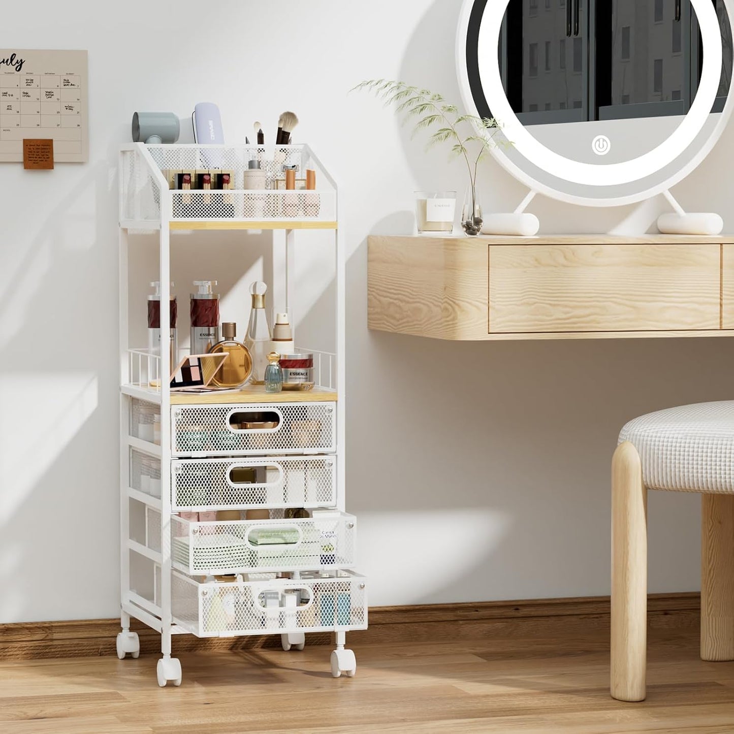 Makeup Organizer Storage Cart - Floor Skincare Make Up Storage with 4 Drawers, Rolling Makeup