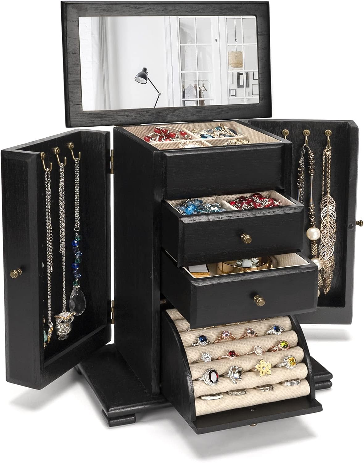 Rustic Wooden Jewelry Boxes & Organizers with Mirror, 4 Layer Jewelry Organizer Box (Rustic Brown)
