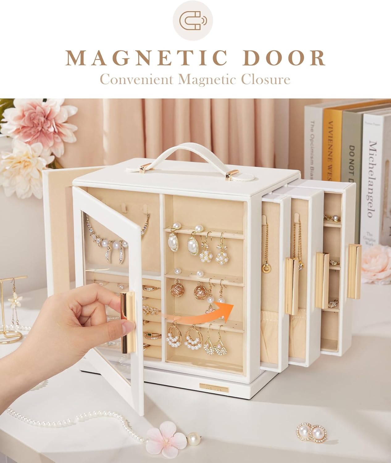 Jewelry Box 360° Rotating, Necklace Earring Organizer with Transparent Window, Mirror, 7 Drawers