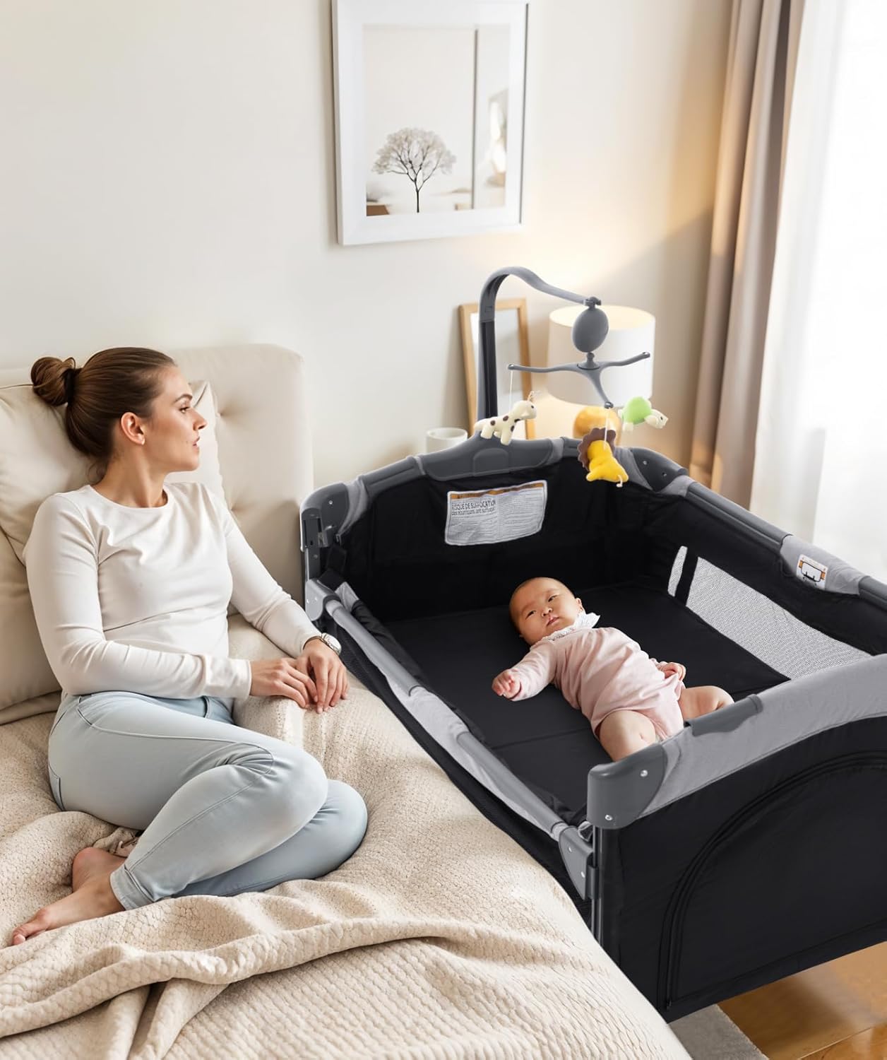 5 in 1 Baby Crib,Bedside Sleeper Bassinet,Pack and with Bassinet and Changing Table,Portable Travel Playpen Music Box