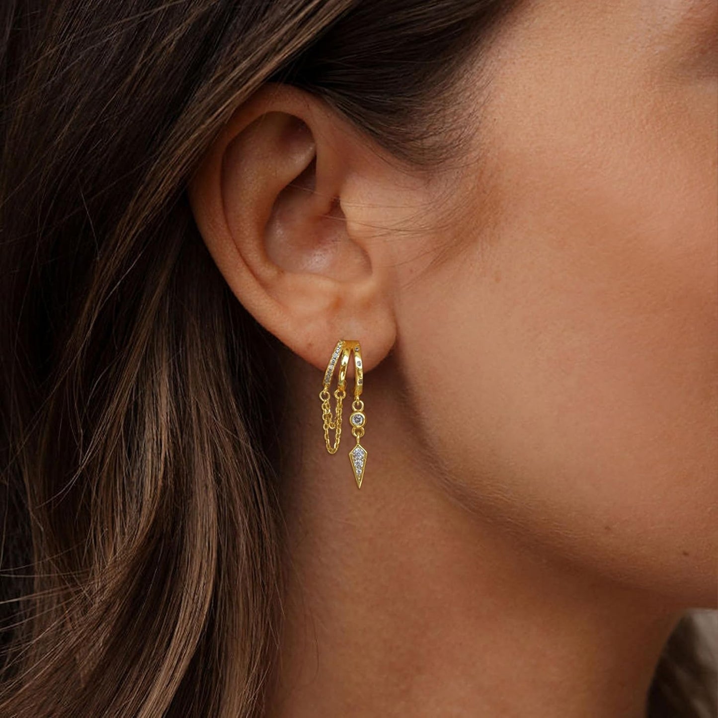 Dangle Earrings for Women,14k Gold Plated Triple Huggie Stud Earrings Cute Statement Chain Earring Dainty Drop