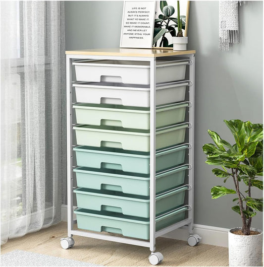 OMOMMD Rolling Storage Utility Cart Organizers with 8 Drawers and Wooden Tabletop for Living Room,Office,Classroom,Craft Room,Bedroom,Dorm,Green