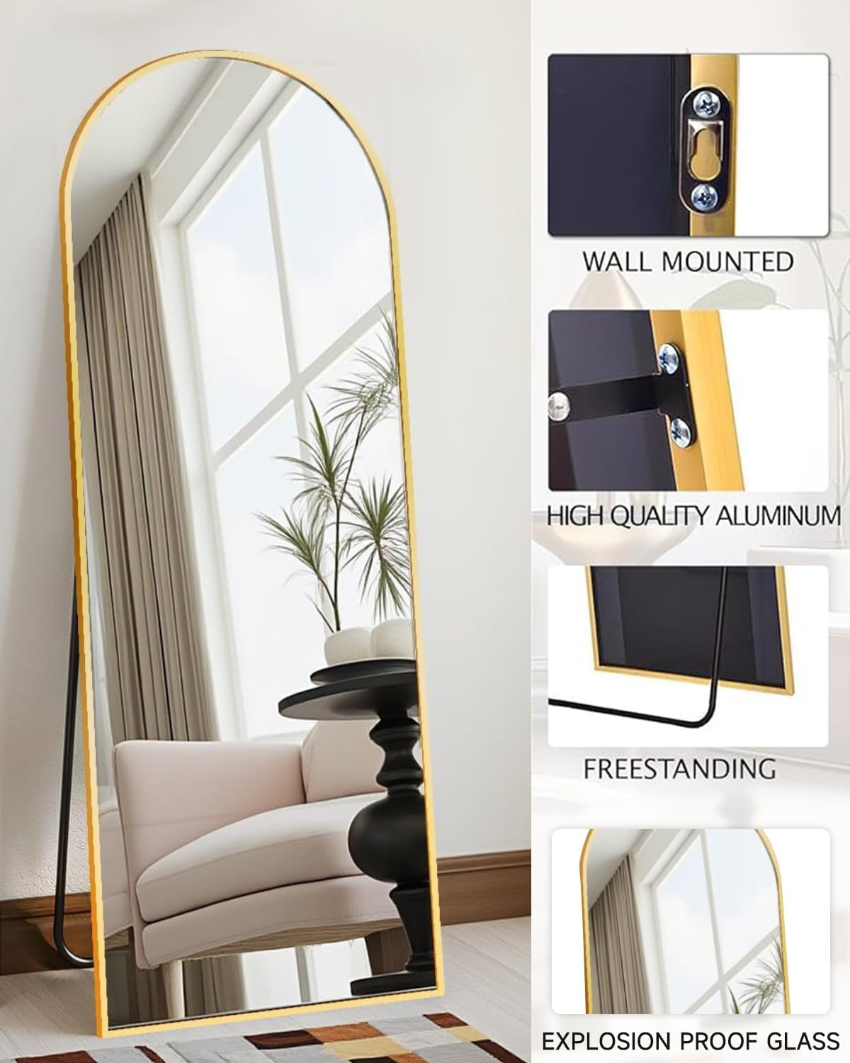58"x18" Arched Full Length Mirror, Floor Mirror with Stand, Freestanding,Wall Mounted Hanging