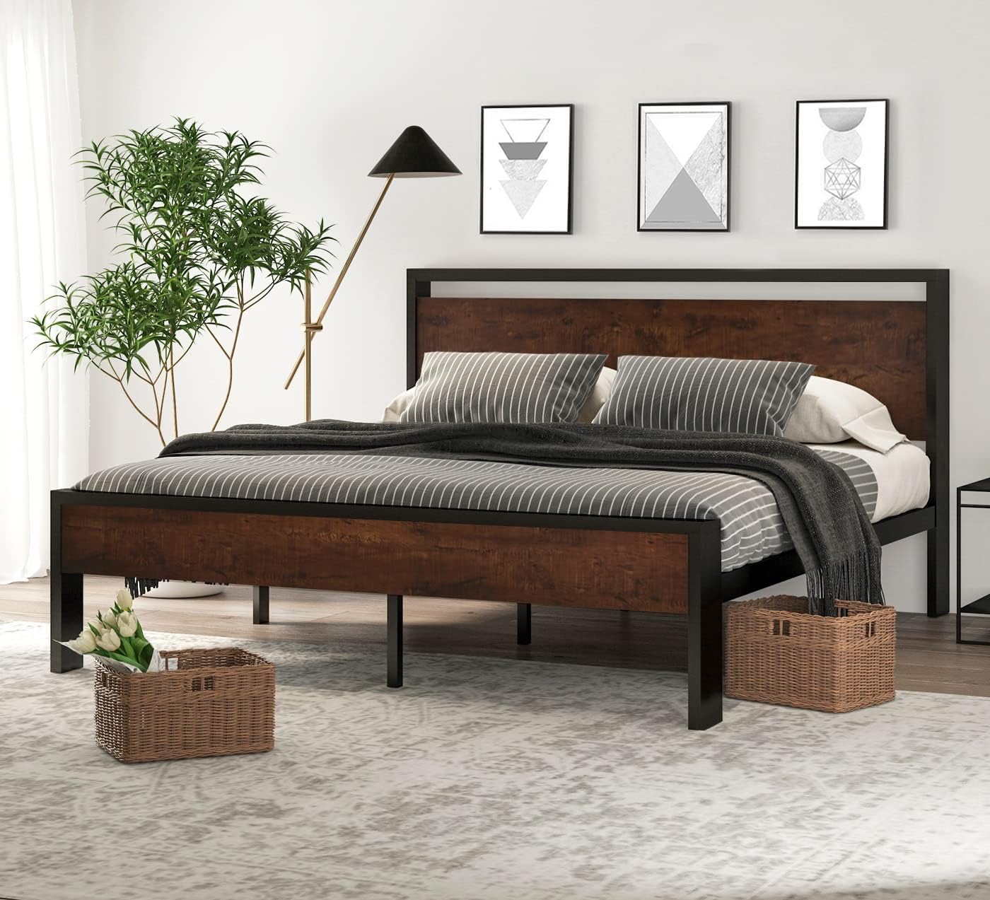 King Size Metal Platform Bed Frame with Wooden Headboard and Footboard, Mattress Foundation, No Box Spring Needed