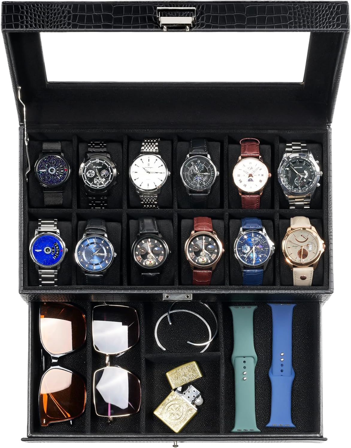 12 Slot Men Watch Case With Drawer, Watch Display Case With Glass Lid, 2-Layer Watch Holder Organizer