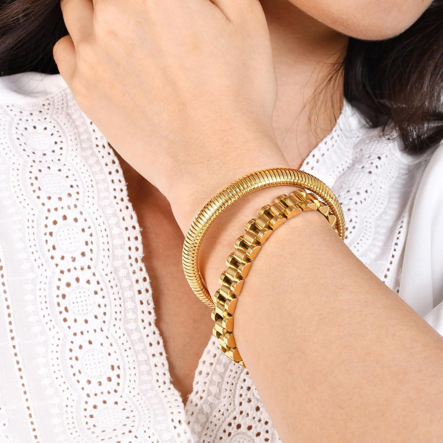 2pcs Gold Chain Link Bracelet, Stainless Steel Crystal Friendship Bracelets Bangle,Watch Band Chains Wristband