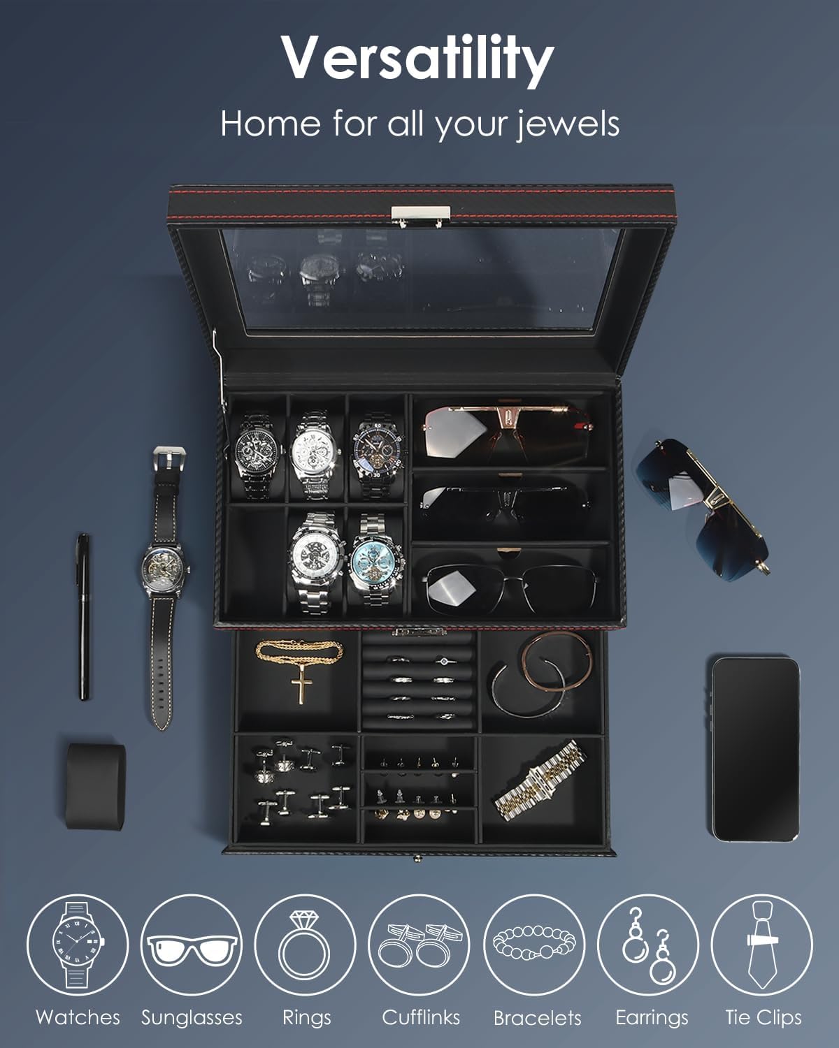6-Slot 2-Layer Watch Case and Sunglasses Storage with Large Glass Lid, Men's Jewelry Box with Lock
