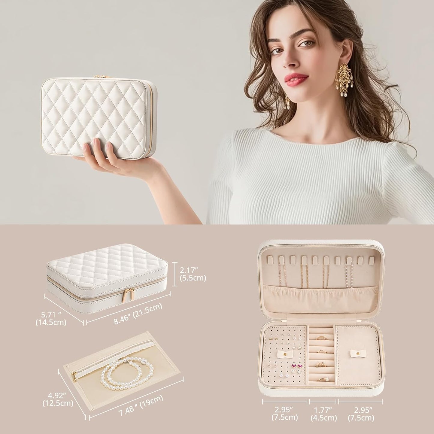 Travel Jewelry Organizer Box with Mirror & Clear Storage Bag, Small Portable Traveling Earring Necklace Bracelet Ring Case
