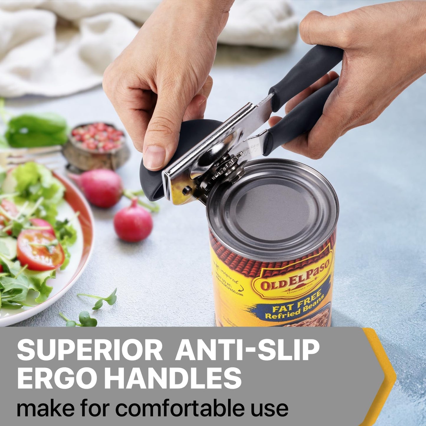 Can Opener Manual Heavy Duty, Solid Steel Hand Manual Can Open with Magnet for Kitchen Camping, Gray