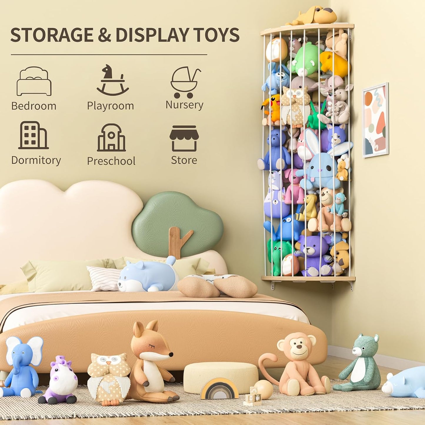 Stuffed Animal Storage Wood Corner Plush Toys Holder with Star Pattern, Length Adjustable Hanging Stuffed