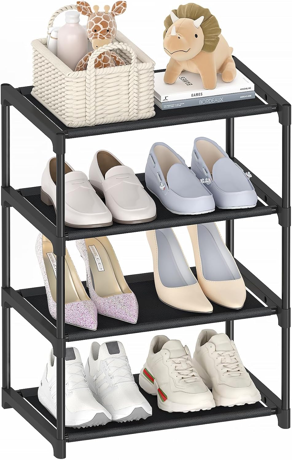 4 Tier Small Shoe Rack, Narrow Stackable  Adult Shoe Storage Organizer