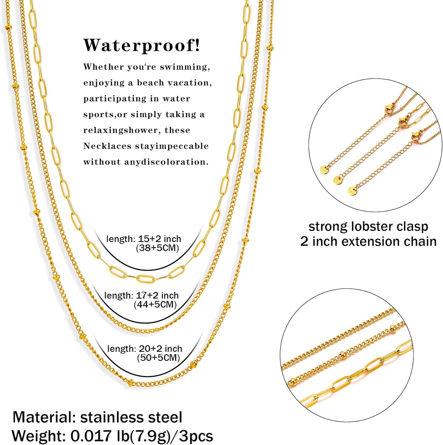 Waterproof Non-Tarnish Necklace Set, 18K Gold Plated Layered Dainty Chains, Stackable Jewelry Gift for Women