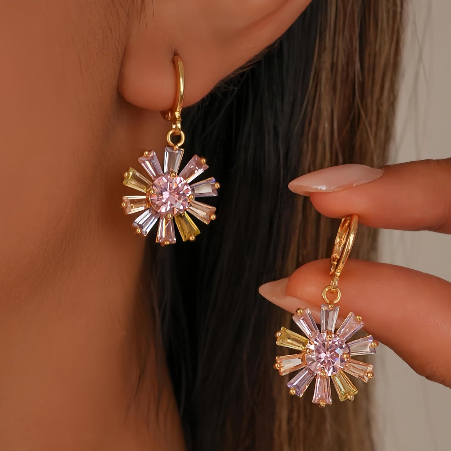 Vuskdtei18K Gold Plated Flower Dangle Earrings for Women, Hypoallergenic Cubic Zirconia Earrings, Elegant Chandelier Drop Earrings