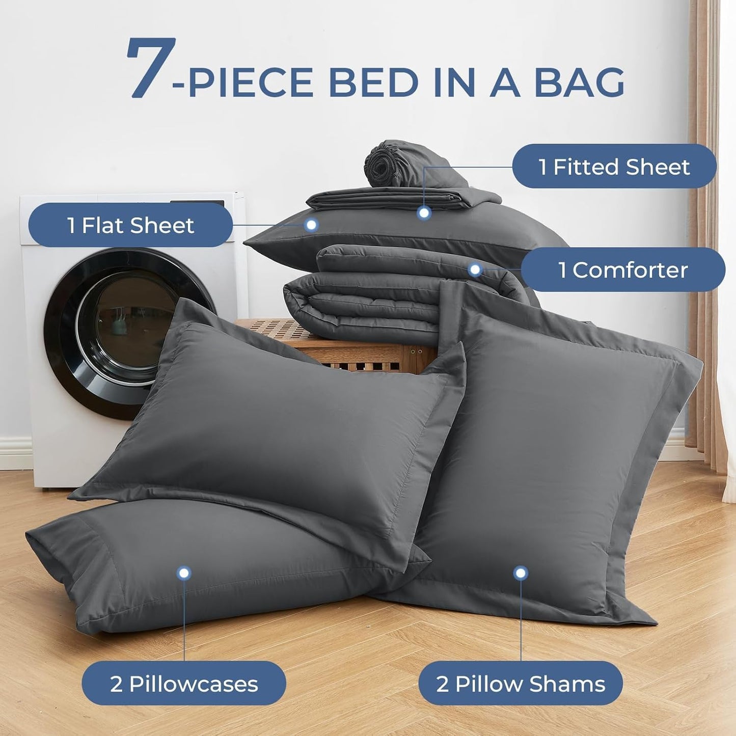 Queen Comforter Set, 7 count Bed in a Bag Queen,  Dark Grey