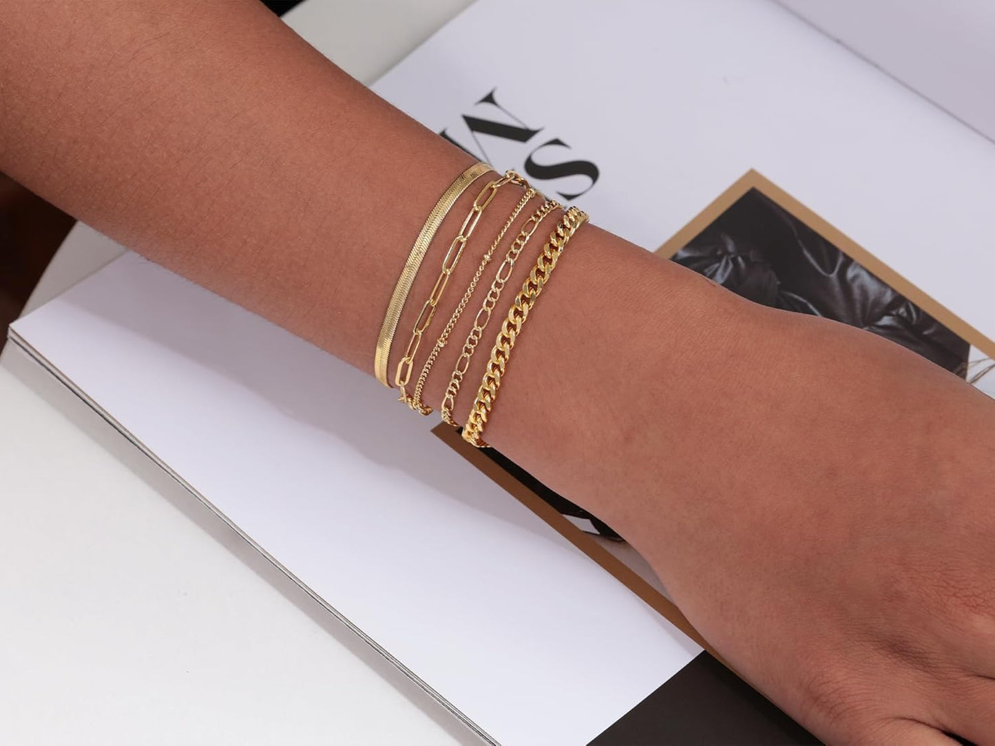 Gold Bracelets for Women Waterproof, 14K Real Gold Jewelry Sets Trendy Thin Dainty Stackable Cuban Link