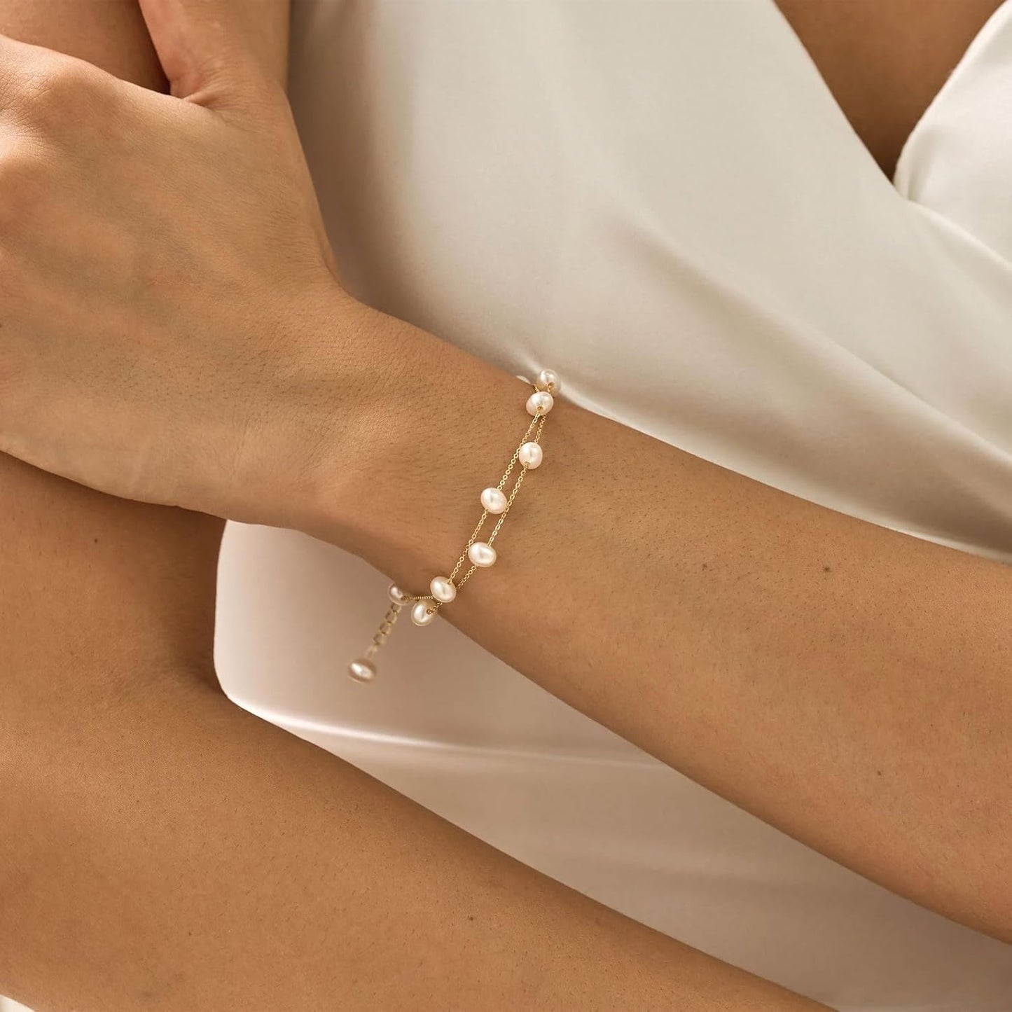 Gold/Silver Pearl Bracelets - 14K Gold Plated Dainty Pearls Beaded Chain Heart Bracelets