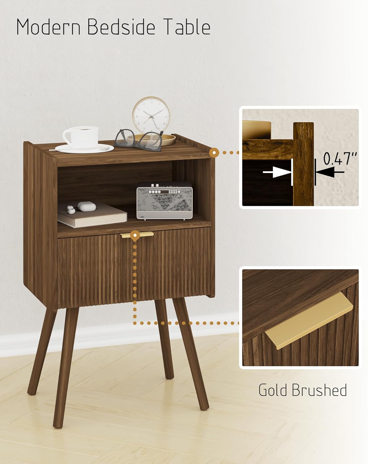 Nightstand, with Storage Drawer and Open Wood Shelf,  Accent Night Stand Easy Assembly