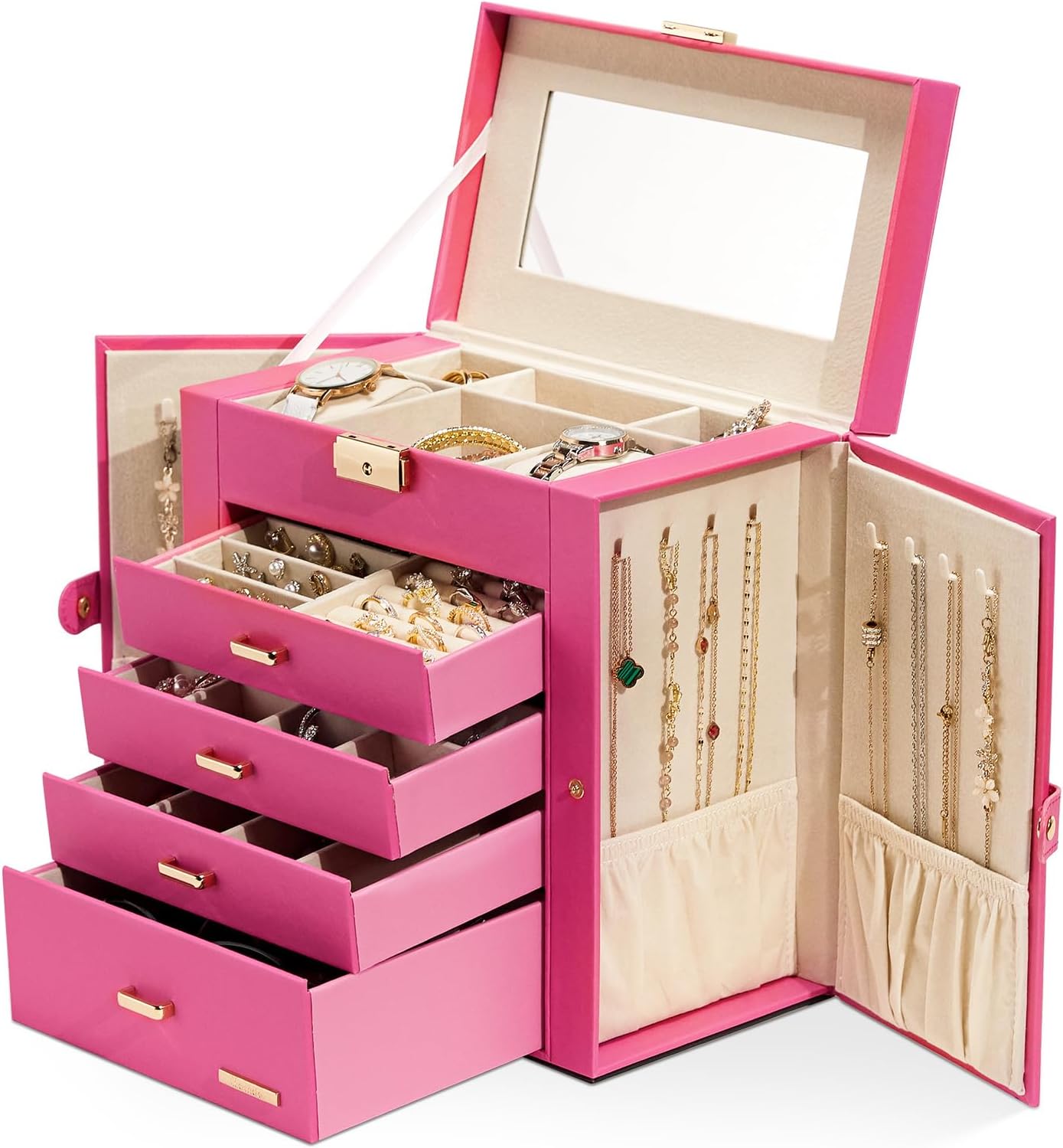 Synthetic Leather Huge Jewelry Box Mirrored Watch Organizer Necklace Ring Earring Storage Lockable