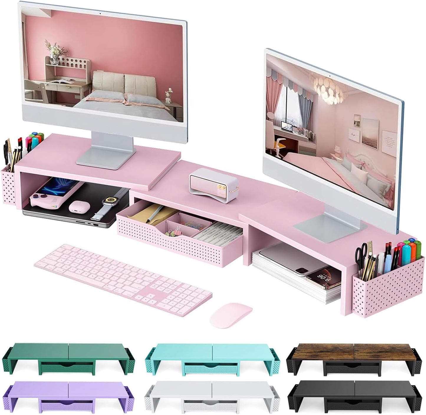 Dual Monitor Stand Riser, Desk Organizer With Drawer and 2 Pen Holders,Shelf for Top of Desk