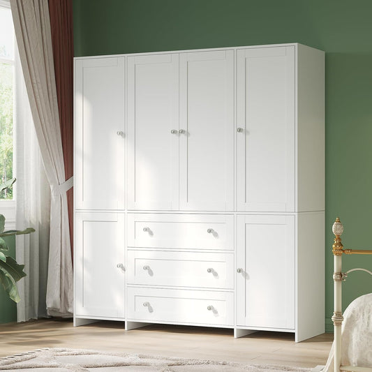 Armoire Wardrobe Closet with Drawers and Mirror, 71" Clothing Storage Cabinet with Hanging Rod, 6 Doors Wooden Wardrobe Cabinet for Bedroom, Large Capacity Storage