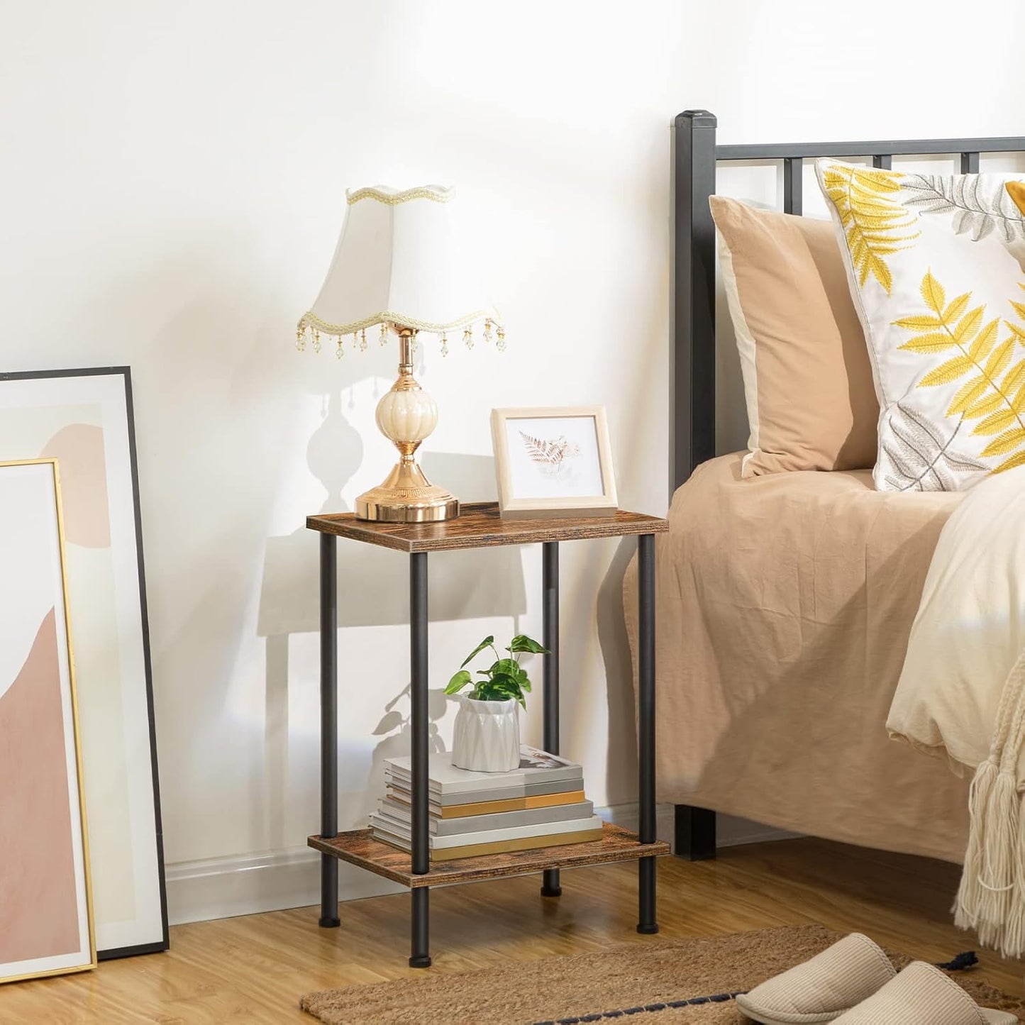 End Table, Small Side Table, Nightstand with 2-Layer Storage Shelves, Stable Frame, Easy Assembly