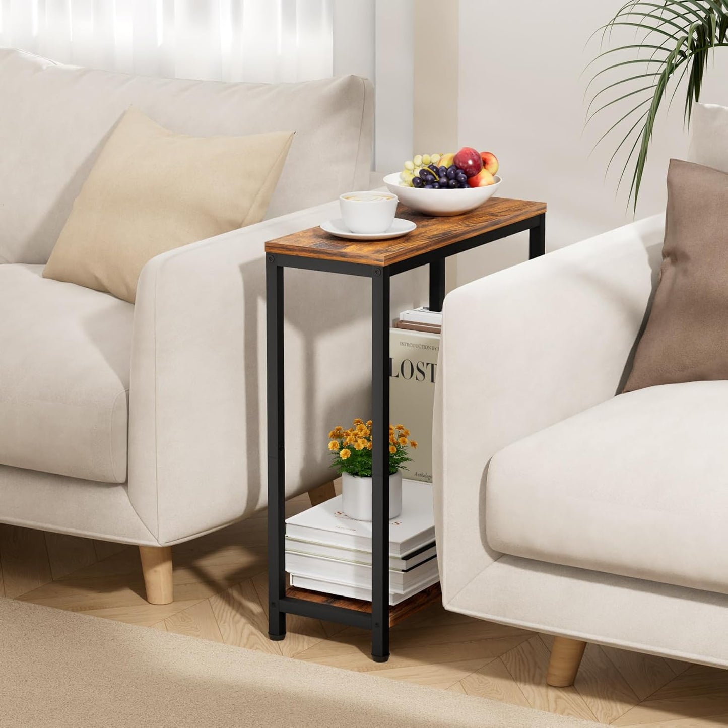 Narrow End Tables Living Room Set of 2 Small Side Table for Small Space, 2 Tier Slim Skinny Night Stand