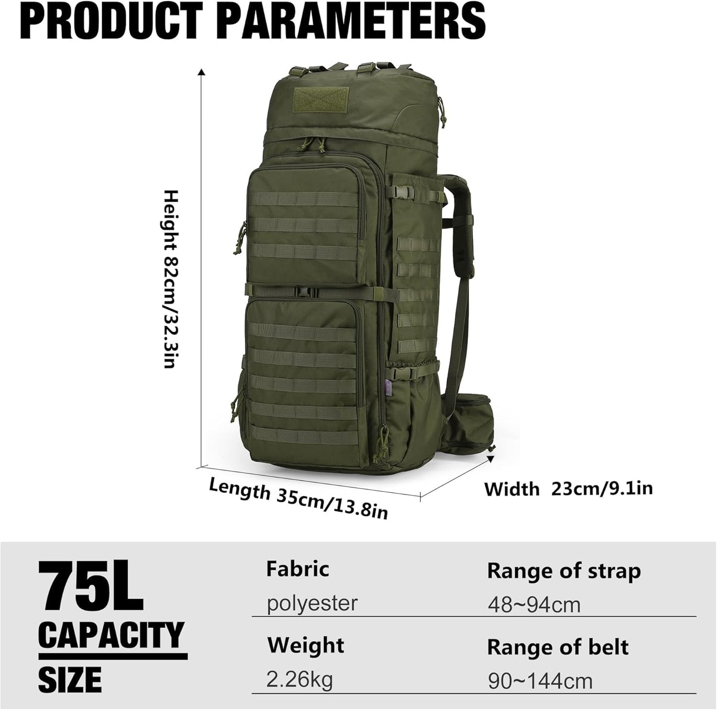 75L Molle Hiking Internal Frame Backpacks with Rain Cover for Camping,Backpacking,Travelling