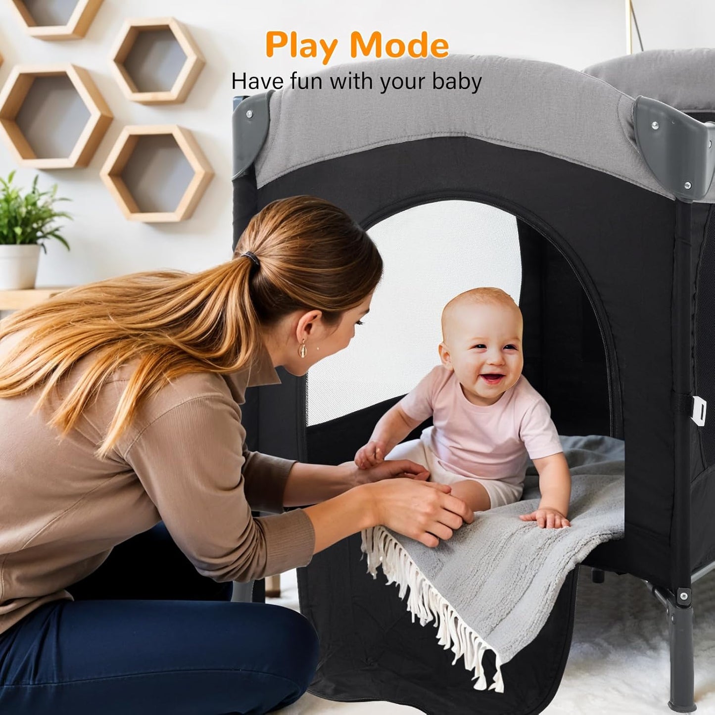 5 in 1 Baby Crib,Bedside Sleeper Bassinet,Pack and with Bassinet and Changing Table,Portable Travel Playpen Music Box