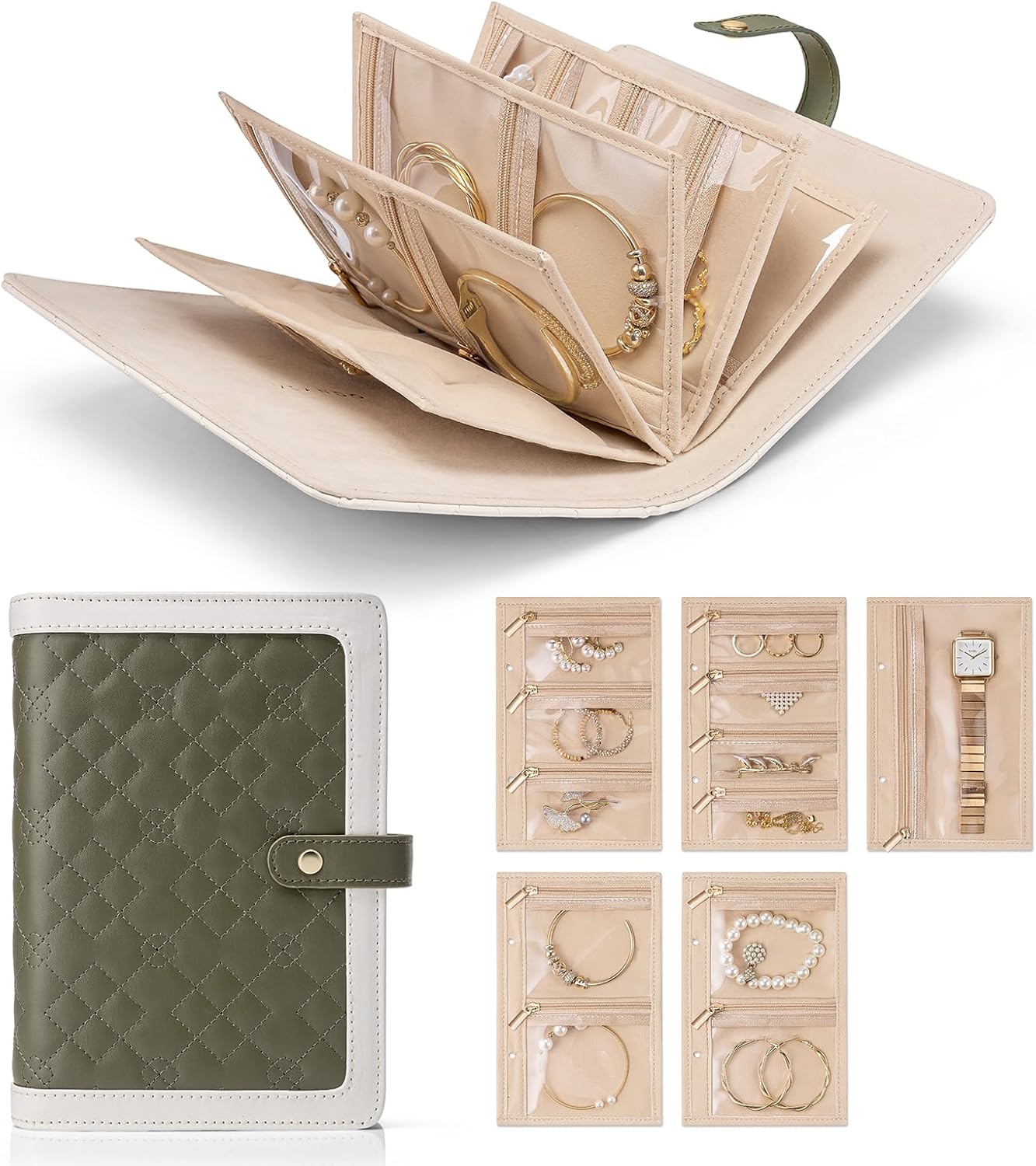 Travel Jewelry Organizer Case,Jewelry Storage Book Ring Binder with Clear Zipper Velvet Pouch Bag