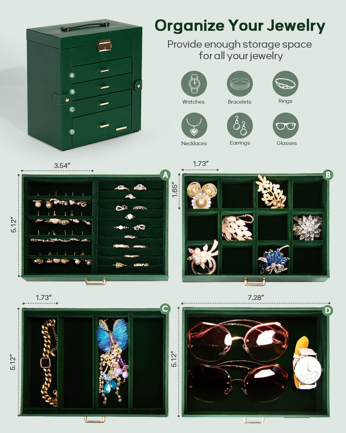 Synthetic Leather Huge Jewelry Box Mirrored Watch Organizer Necklace Ring Earring Storage Lockable