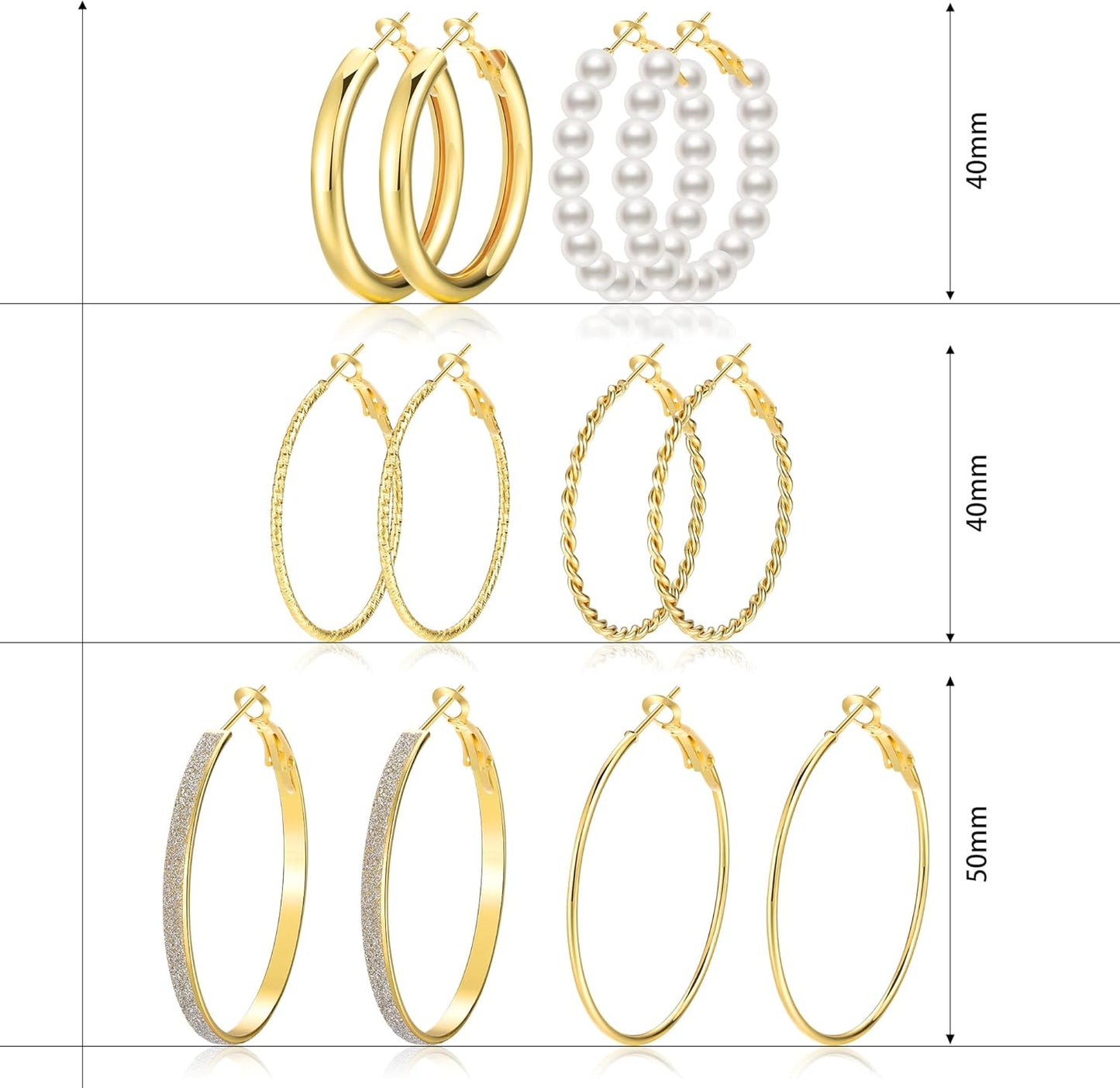 Gold Hoop Earrings Set for Women, 12 Pairs Large/Big Thin Thick Gold Hoops Earrings Loop Pack for Jewelry Gift 40mm/50mm