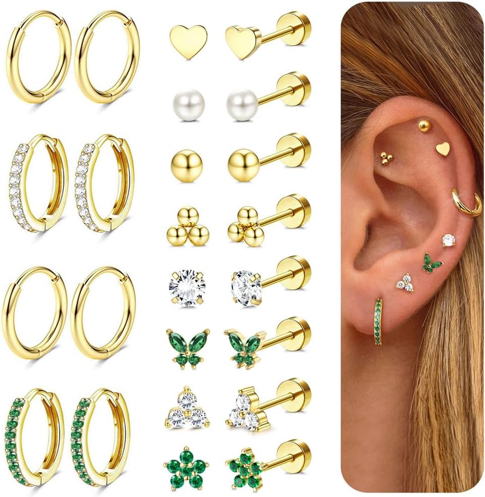 Jstyle Hypoallergenic Gold Stud Hoop Earrings for Women Men Surgical Stainless Steel Flat Back Earrings Small 14K Gold Huggie Hoops